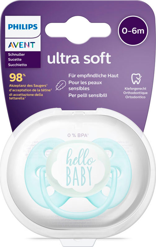 Пустышка Philips Avent Ultra Soft Hello с футляром для хранения и стерилизации 0-6 месяцев