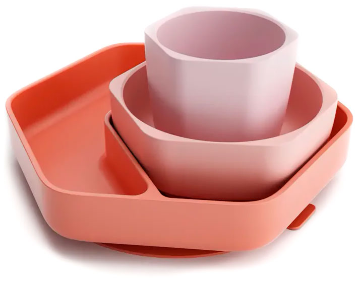 Набор посуды из силикона для кормления малышей Heorshe розовый 6 месяцев+