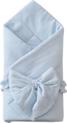 Одеяло-конверт на выписку Муслин №2 KiDi kids с бантом на резинке, 90х90 см, голубое