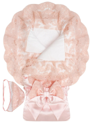 Конверт-одеяло на выписку "Милан" АТЛАС (нежно-розовый с розовым кружевом) (Розовый)